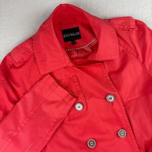 Express Women's Coral Double-Breasted Jacket Trench Coat L Belted (small Flaw)